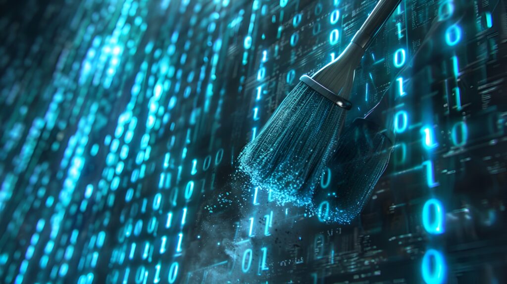 Využít naplno potenciál GenAI: Ale jak? 1 closeup digital art broom sweeping dust from screen with vibrant blue binary code background